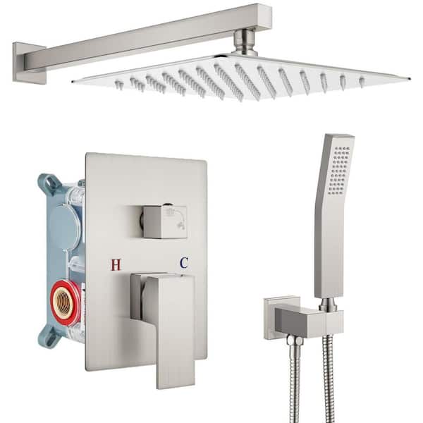 1-Spray Shower Faucet 1. 8 GPM Square High Pressure Wall Bar Shower System with Valve and Hand in Brushed Nickel