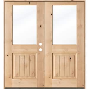 64 in. x 80 in. Rustic Knotty Alder Clear Half-Lite Unfinished Wood with V-Groove Left Active Double Prehung Front Door