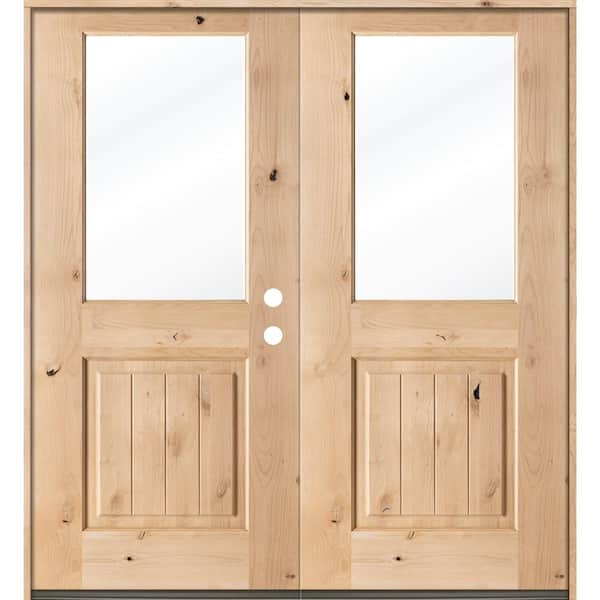 Krosswood Doors 72 in. x 80 in. Rustic Knotty Alder Clear Half-Lite Unfinished Wood with V-Groove Left Active Double Prehung Front Door