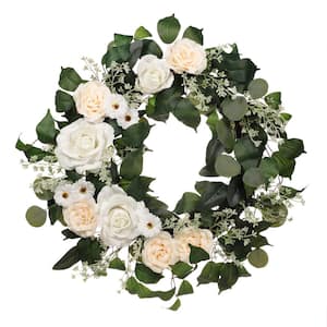24 in. Artificial Rose, Camellia, Babysbreath Floral Spring Wreath with Green Leaves