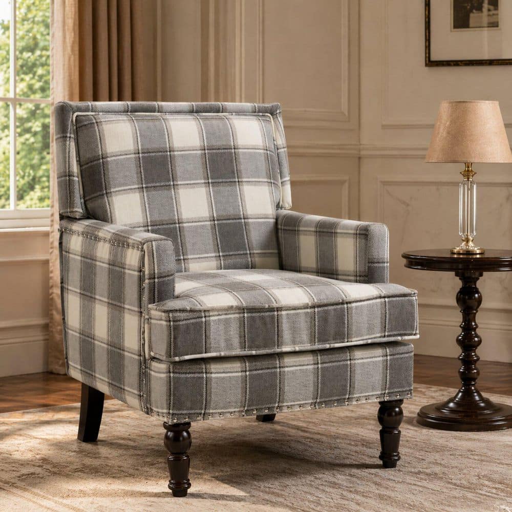 Traditional Antique Grey Striped Linen Upholstered Accent Arm Chair with Nailhead Trim and Turned Legs