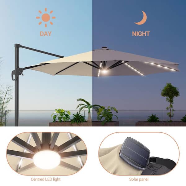 Sonkuki 11 ft. Round Solar LED Aluminum 360-Degree Rotation Cantilever Offset Outdoor Patio Umbrella with a Base in Sand