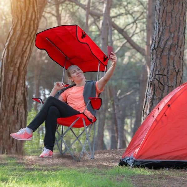 Red Metal Folding Beach Chair with Canopy Sun Protection Camping Lawn Canopy Chair