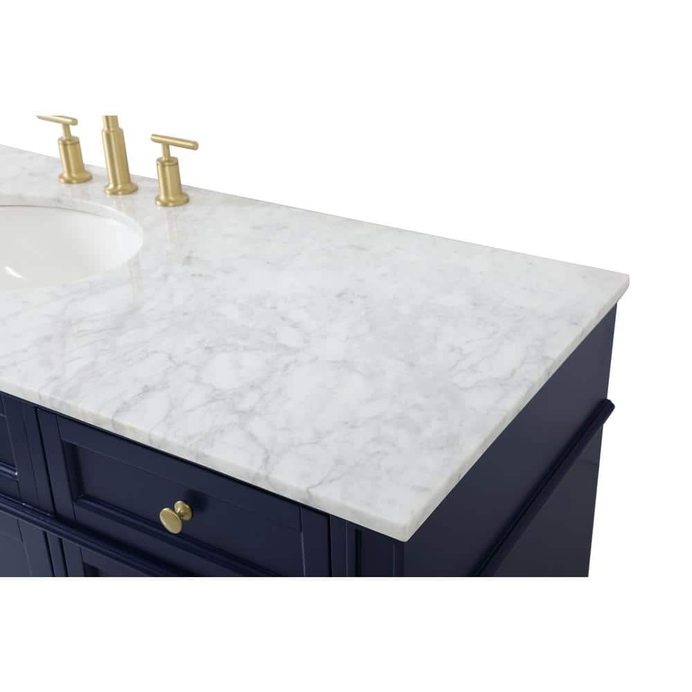 Blue Solid Wood MDF Marble Single Bathroom Vanity with Brushed Gold Hardware