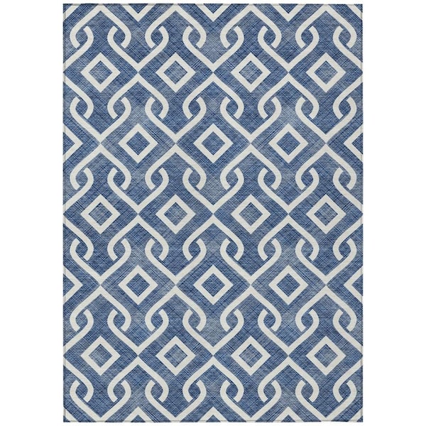 Navy Blue, Ivory 5 ft. x 8 ft. Woven Geometric Polyester Rectangle Indoor/Outdoor Area Rug