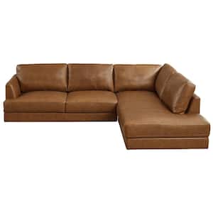 Glenville 108 in. Square Arm 2-Piece Genuine Leather L Shaped Right Facing Cozy Sectional Sofa in Cognac Brown