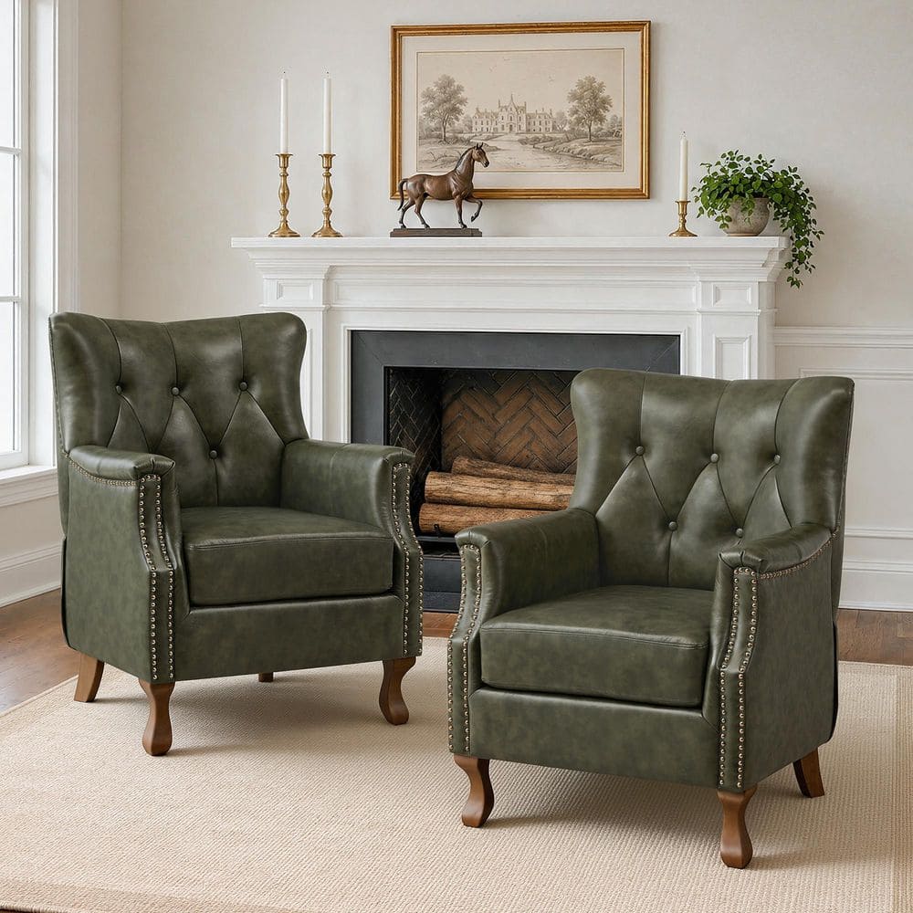 Redi Fern Green Genuine Leather Accent Chair Modern Wingback Chair with Solid Wood Tapered Legs (Set of 2) price drop on PriceWatchPro