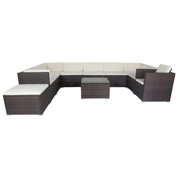 Unbranded 11 Pieces Brown Wicker Patio Conversation, 10 Seater Patio Sectional Set with 3 Storage Box, with White Cushions