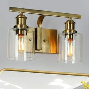 Modern Linear Bathroom Wall Sconce, 14 in. 2-Light Brass Vanity Light with Cylinder Clear Glass Shades for Powder Room
