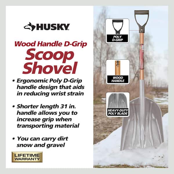 Husky 31 in. Wood Handle D-Grip Plastic Scoop Shovel 77540-945 - The Home  Depot