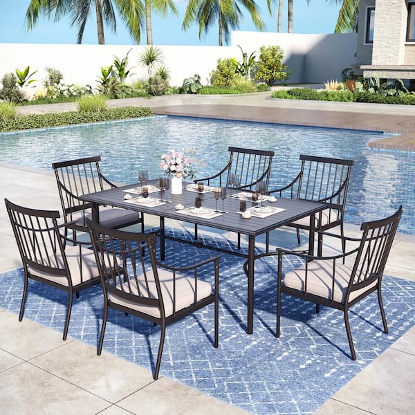 PHI VILLA 7-Piece Metal Outdoor Dining Set with Slat Table-Top and Stylish Chairs with Beige Cushions