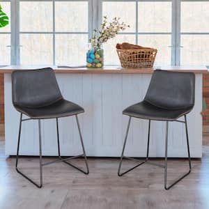 Leisure Chair 24 in. Faux Charcoal Leather, High Back, Black Steel Bar Stool (Set of 2)