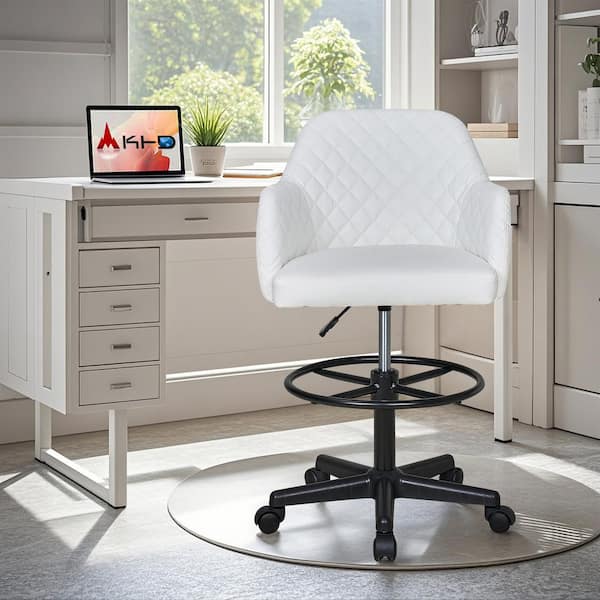 VECELO Swivel Office Chair Faux Leather Upholstered Ergonomic Drafting Chair in White with Adjustable Height and Arms