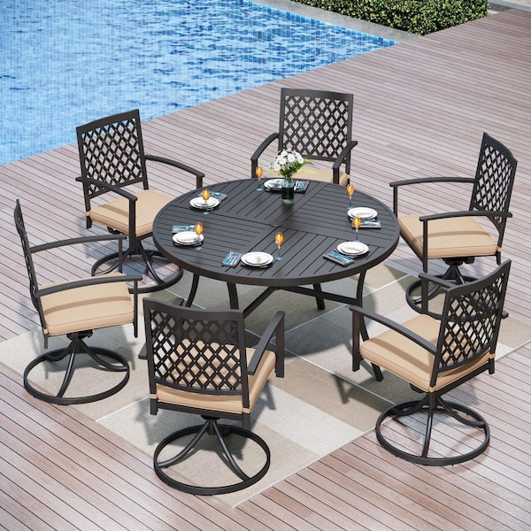 Black 7-Piece Metal Outdoor Dining Set with Beige Cushion