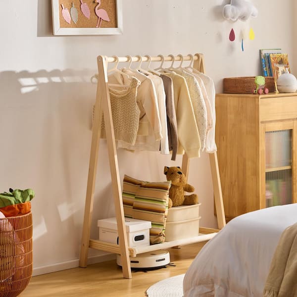 Beige Foldable Kids Clothing Rack Stand for Dress Up, Playroom, Nursery, Portable Hanging Organizer for Toddler/Pets