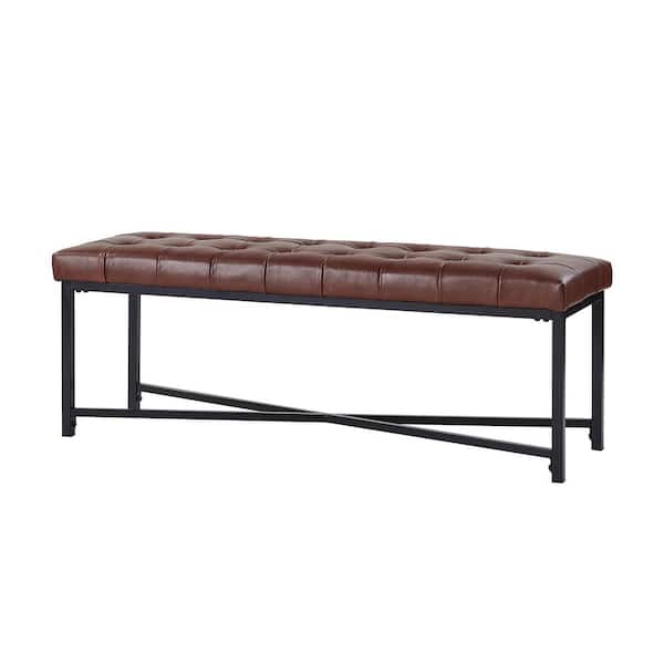 JAYDEN CREATION Cristian Brown Genuine Leather Tufted Bedroom Bench with Metal Legs