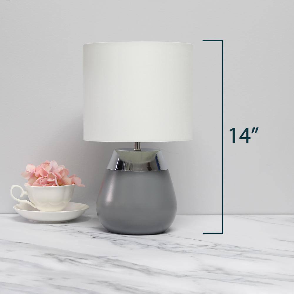 14" Tall Modern Gray and Chrome Touch Nightstand Lamp with White Shade
