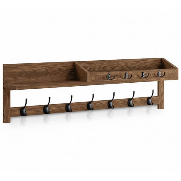 35 in. W x 10.24 in. D Brown Hanging Shelf With 7 Coat Hooks Decorative Wall Shelf