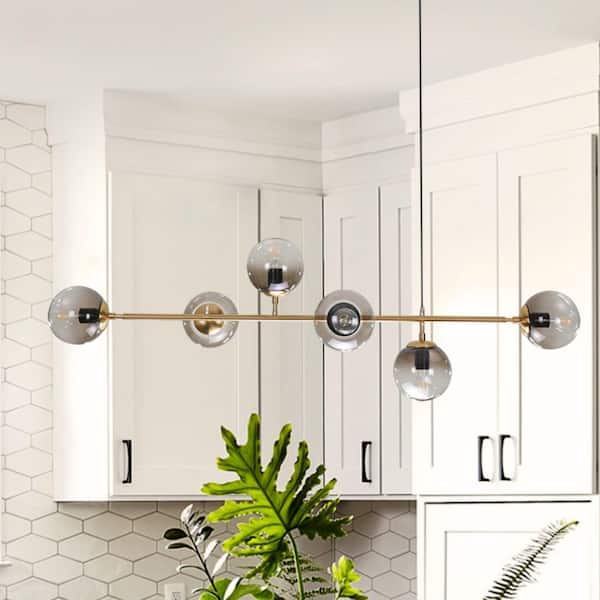 HUOKU Raquel 6-Light 52.4 in.W Brass Linear Chandelier with Bubble Cluster Mirrored Smoky Glass for Kitchen Island