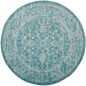 Courtyard Turquoise 5 ft. x 5 ft. Round Border Indoor/Outdoor Patio  Area Rug