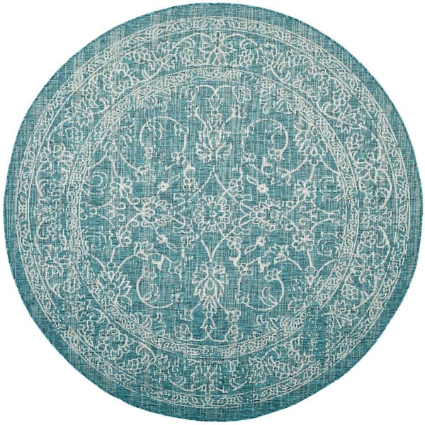 SAFAVIEH Courtyard Turquoise 8 ft. x 8 ft. Border Floral Scroll Indoor/Outdoor Patio  Round Area Rug