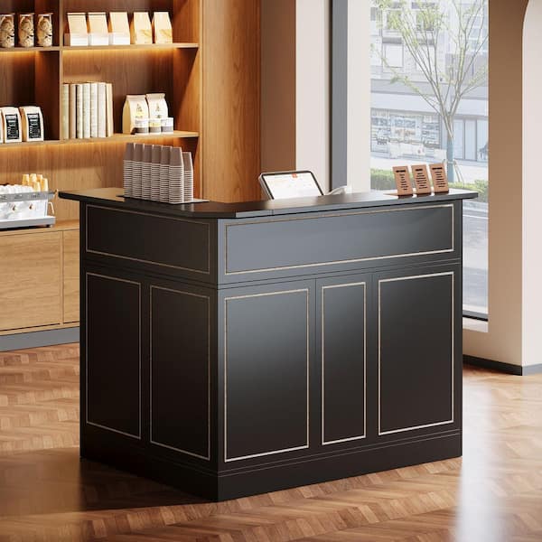 BYBLIGHT Lanita 51.2 in. L-Shaped Black Wood Reception Desk with Storage Shelves, Modern Front Desk Reception Counter Table