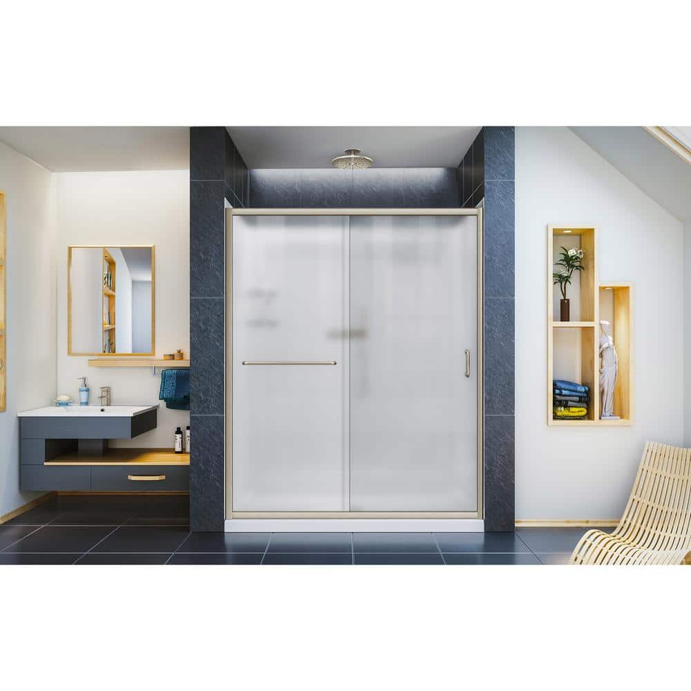 Infinity-Z 60" Frosted Glass Frameless Sliding Shower Kit in Brushed Nickel