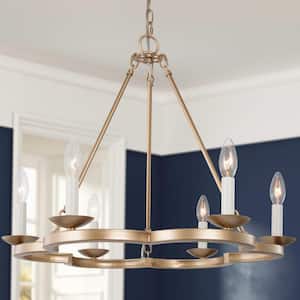 Modern Gold Dining Room Chandelier, 6-Light Farmhouse Brass Wagon Wheel Bedroom Chandelier with White Candlestick Lights