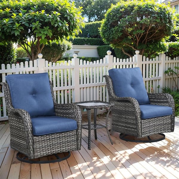 Gymojoy Carolina Gray 3-Piece Wicker Patio Conversaton Set with Blue Cushions