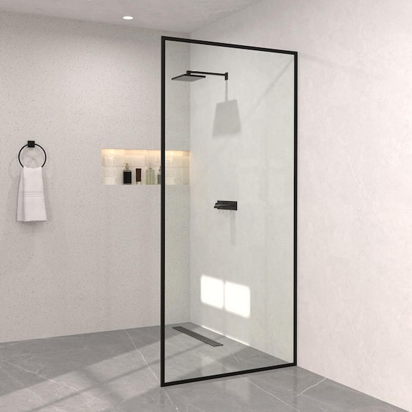 Monture 34 in. W x 72 in. H Fixed Framed Shower Screen Door in Matte Black with Clear Glass