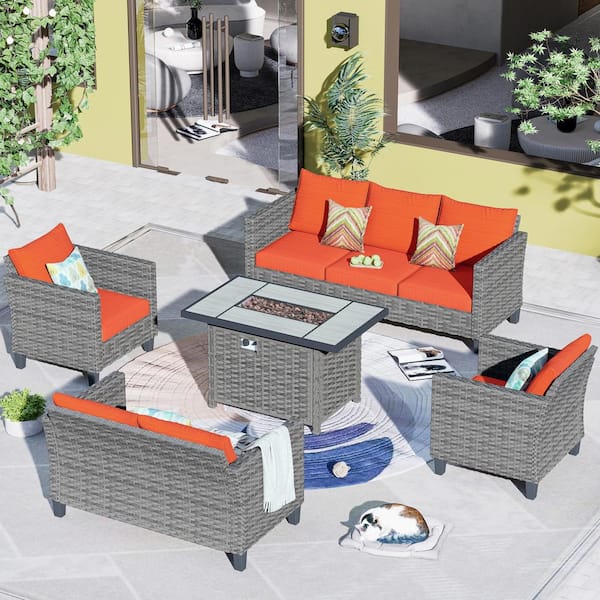 OVIOS New Star Gray 5-Piece Wicker Patio Rectangle Fire Pit Conversation Seating Set with Orange Red Cushions