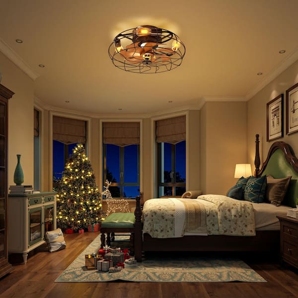 19.6 in. Indoor Enclosed Flush Mount Cage Ceiling Fan with Light Industrial Farmhouse Low Profile Ceiling Fan Remote