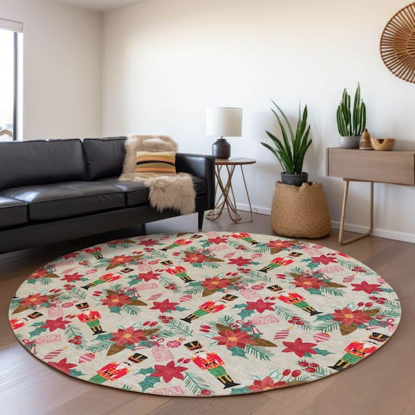 Chantille Machine Washable Indoor/Outdoor Abstract ACN1822 Beige 8 ft. x 8 ft. Round Rug