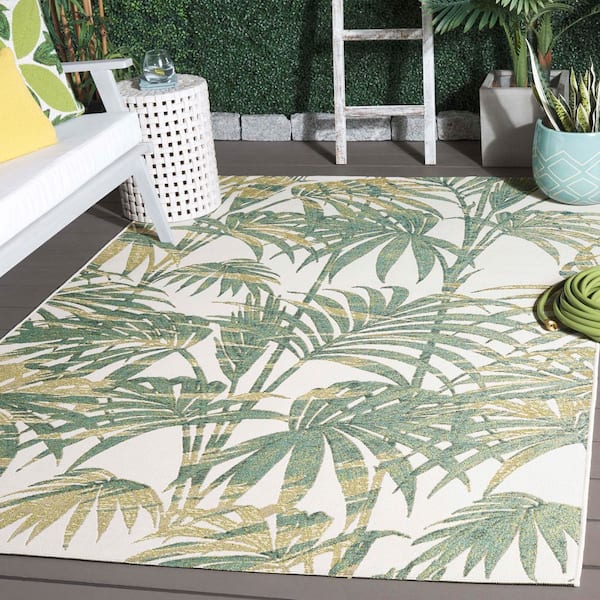 Barbados Ivory/Green 7 ft. x 7 ft. Botanical Palm Leaf Square Indoor/Outdoor Area Rug