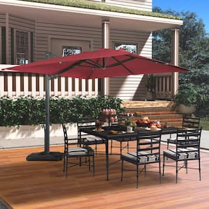 10 ft. Square Aluminum Cantilever Offset Outdoor Hanging Patio Umbrella in Red for Garden Balcony