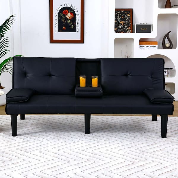 67 in. Black PVC Leather Upholstered Futon Sofa Bed Convertible Folding Sleeper Sofa Bed Recliner Lounge