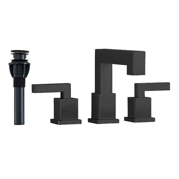 AIMADI 8 in. Widespread Double Handle Bathroom Faucet with Drain Assembly 3 Hole Bathroom Sink Faucets in Matte Black