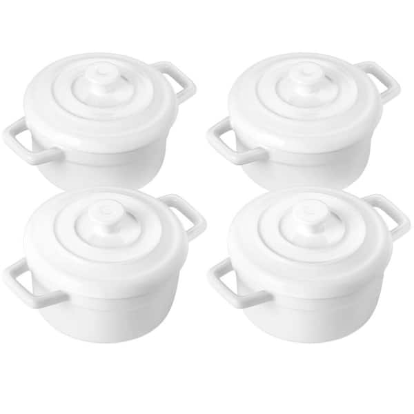 4-Piece White Ceramic Mini Casserole Dish Set with Lids and Handles, Oven Microwave Dishwasher Safe, Ramekins
