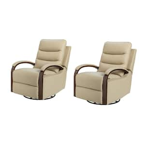 Joseph Genuine BEIGE Leather Swivel Manual Recliner with Wooden Arm Accents and Straight Tufted Back Cushion (Set of 2)