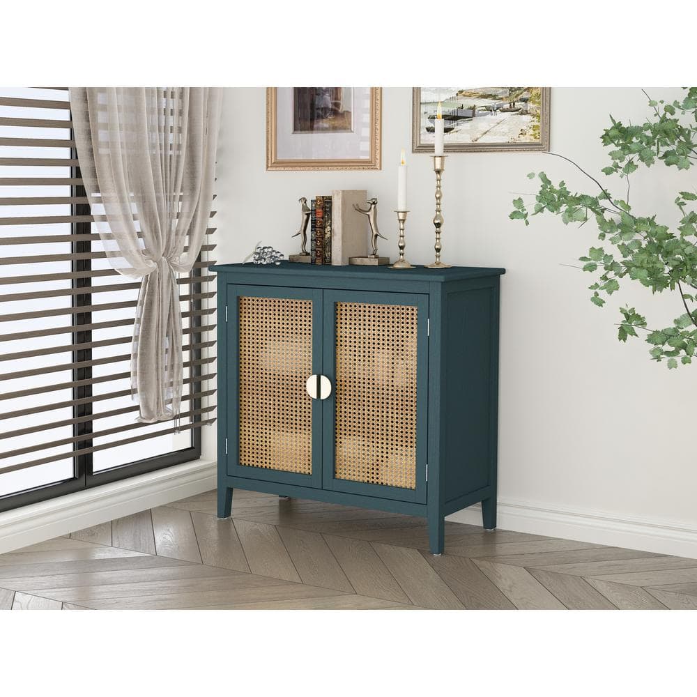 31.5 in. W x 14.97 in. D x 31.11 in. H Green Wood Linen Cabinet with 2 Natural Rattan Doors