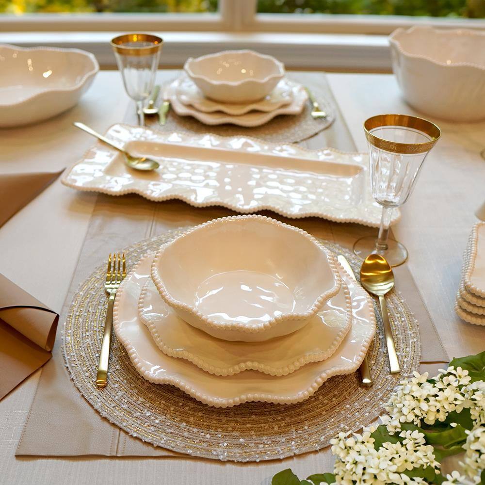 Cream Beaded Ruffled Rim Melamine Dessert Bowls, Set of 4