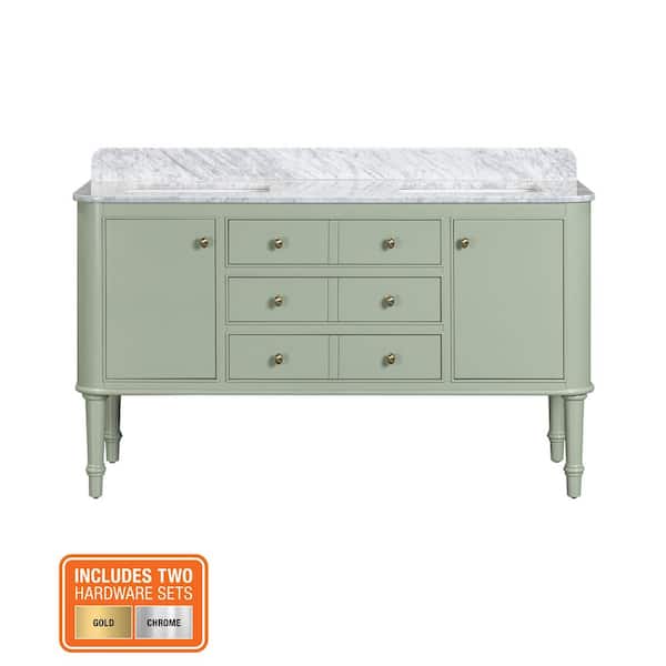Collette 60 in. Double Sink Freestanding Bathroom Vanity in Moss Green with White Carrara Marble Top (Assembled)