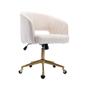 Beige Velvet Accent Armchair Computer Desk Chair Adjustable Swivel Task Stool with Gold Plating Base