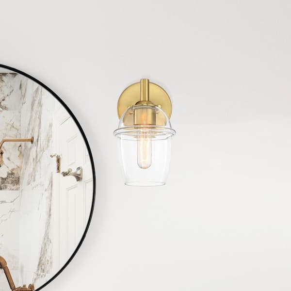 Summer Jazz 5.5 in. 1-Light Brushed Gold Transitional Wall Sconce with Clear Glass Shade for Bathrooms