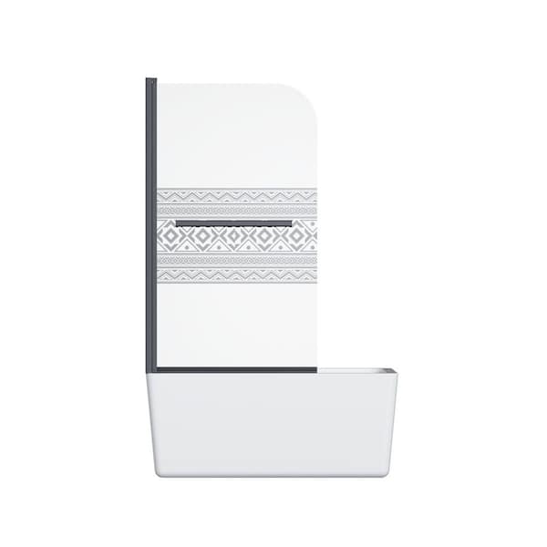 32 in. W x 55 in. H Aluminum Semi-Frameless Pivot Tub Door in Matte Black with Patterned Tempered Glass