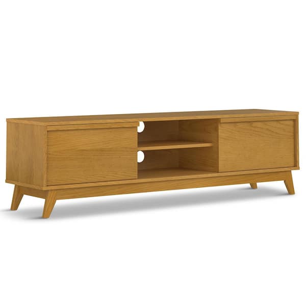 Simpli Home Lennon 72 inch Wide Mid Century Modern TV Media Stand in Oak Veneer