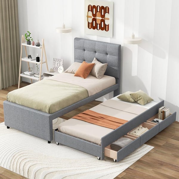 Harper & Bright Designs Gray Wood Frame Twin Size Tufted Upholstered Platform Bed with Pull-out Twin Size Trundle and 3 Drawers
