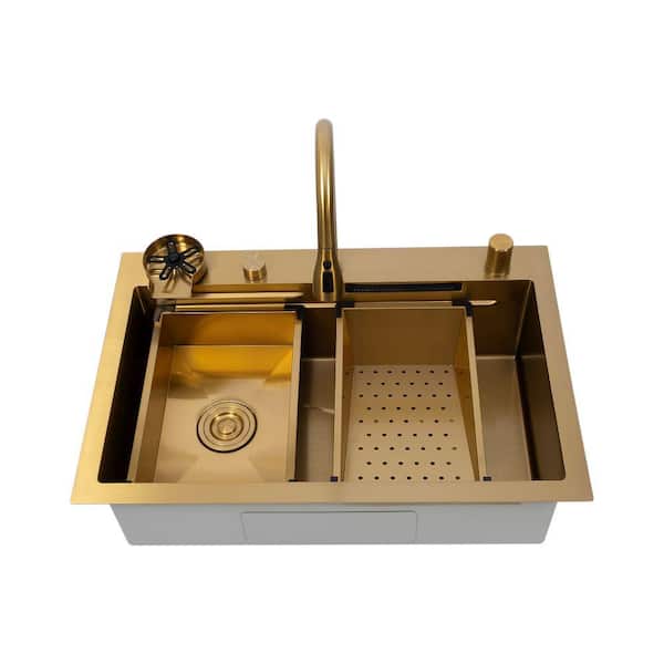 All-In-One 33 in. Drop-In Single Bowl 16 Gauge Gold Hexagon Texture Stainless Steel Workstation Kitchen Sink