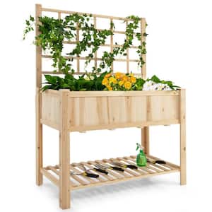 Raised Garden Bed Elevated Wooden Planter Box with Trellis and Open Storage Shelf