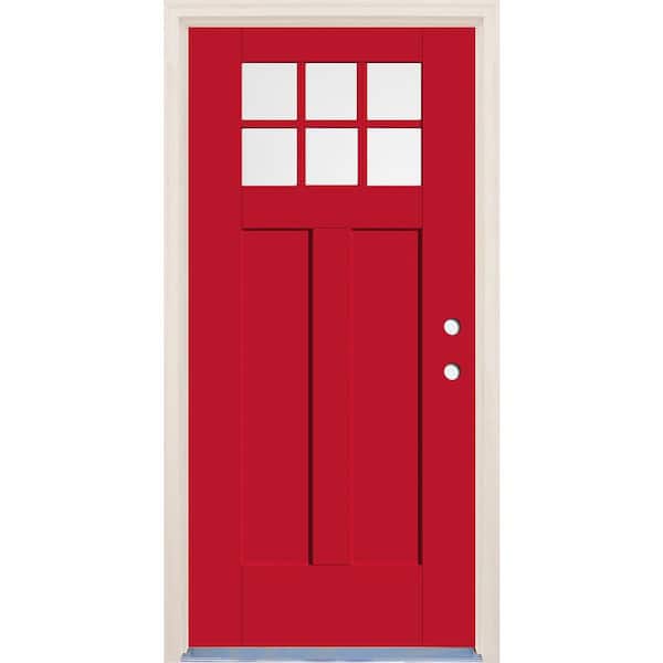 Builders Choice 36 in. x 80 in. Left-Hand 6-Lite Clear Glass Ruby Red Painted Fiberglass Prehung Front Door with 4-9/16 in. Frame